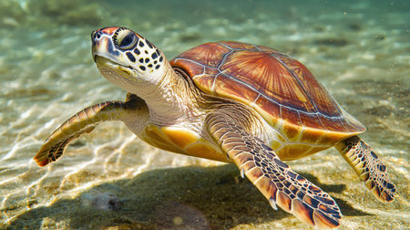 Graceful turtle gliding through clear water serene expression vibrant aquatic habitat soft sunlight filtering underwater shotの素材
