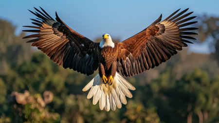 Majestic eagle soaring above lush zoo landscape wings spread wide vibrant blue sky golden hour lighting aerial view shotの素材