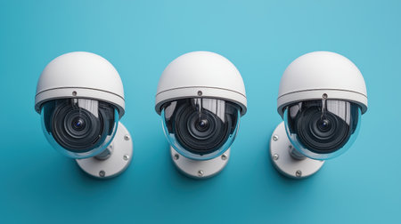 Three modern white security cameras with black lenses arranged in a row on a bright teal background for surveillance, monitoring, security, and technology concepts.の素材