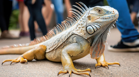 Alert iguana observing surroundings basking on a flat surface curious mood bright daylight eye-level angle amidst zoo visitorsの素材
