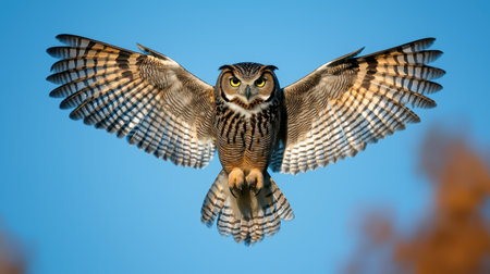 Elegant owl in flight wings spread wide dynamic motion clear blue sky above zoo dramatic backlighting aerial shotの素材
