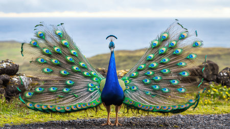 Peacock in motion feathers unfurling dramatically dynamic pose overcast sky medium shot capturing natural habitatの素材