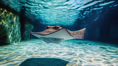 Stingray gracefully gliding through clear aquarium water serene ambiance soft blue lighting underwater perspectiveの素材