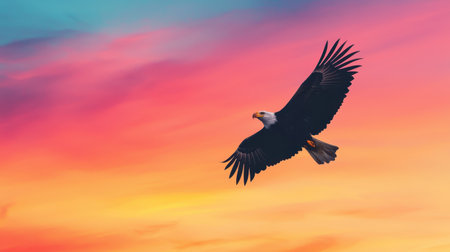 Serene moment of eagle gliding against sunset silhouette against colorful sky tranquil mood panoramic view from below ethereal lightingの素材
