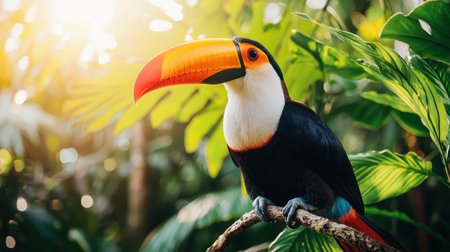 Vibrant toucan perched on a tropical branch head tilted bright sunlight filtering through leaves close-up shotの素材