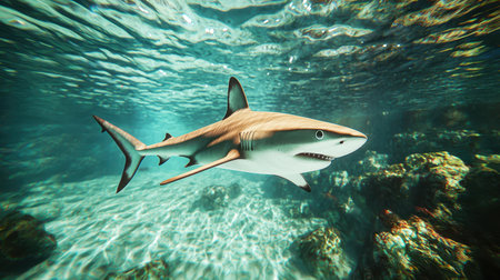 Vibrant shark swimming gracefully in crystal-clear tank curious onlookers bright aquarium lighting wide-angle shot immersive experienceの素材