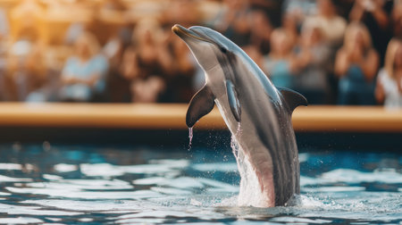 Spectators clapping in awe as dolphins splash water exhilaration in the air golden hour lighting frontal view grandstand perspectiveの素材