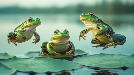 Vibrant green frogs leaping off lily pads captured mid-air serene pond setting soft morning light close-up angleの素材