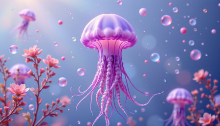 bright jellyfish in a minimalist style, using lavender and dusk shades, crisp contours, airy layout, lively aesthetic, high resolutionの素材