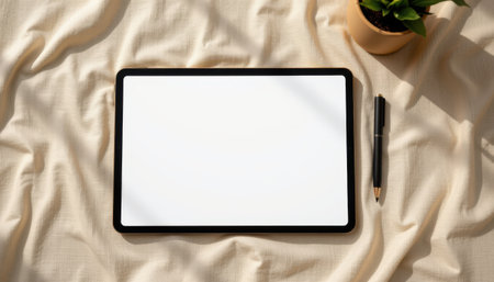 stylish flat lay of drawing tablet on a linen surface, with sand tones, daylight lighting softness, modern props, high resolutionの素材