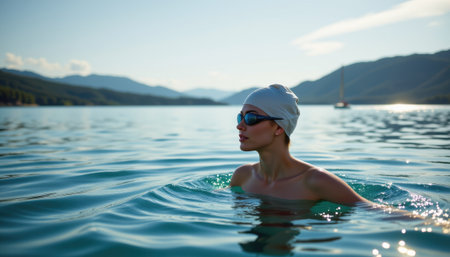 refined swimmer by a serene lake, in a lifestyle style, radiating freedom, with cool aqua and silver shades, tranquil early light lighting elegance, high resolutionの素材