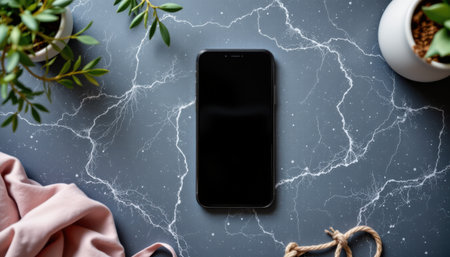 stylish flat lay of smartphone on a slate surface, with icy tones, overhead lighting softness, modern props, high resolutionの素材
