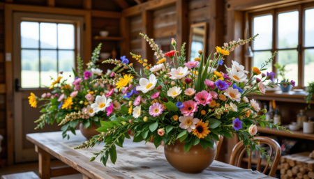 refined florist arranging wildflowers in a barn, in a lifestyle style, radiating gentleness, with soft petal shades, rustic window light lighting elegance, high resolutionの素材