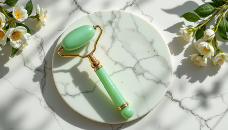 bold flat lay of jade facial roller on a marble base, with pastel green colors, soft morning lighting radiance, soothing textures, high resolutionの素材