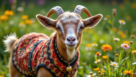 charming goat wearing a patterned vest, adorned with a bell necklace, in a pastoral style, vibrant meadow colors, detailed textures, natural pose composition, high resolutionの素材