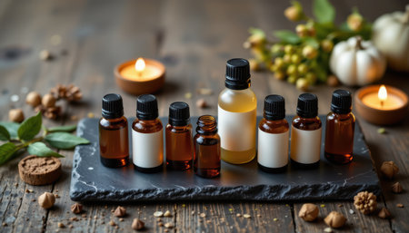 bold flat lay of essential oil bottles on a slate base, with amber and cream colors, candlelit glow lighting radiance, soothing textures, high resolutionの素材