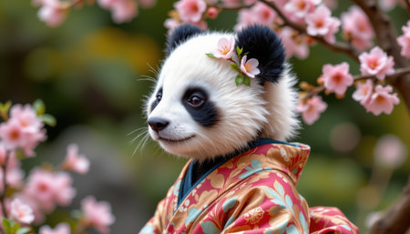 charming panda wearing a silk kimono, adorned with a cherry blossom hairpin, in a traditional japanese style, vibrant pastel colors, detailed textures, side profile composition, high resolutionの素材