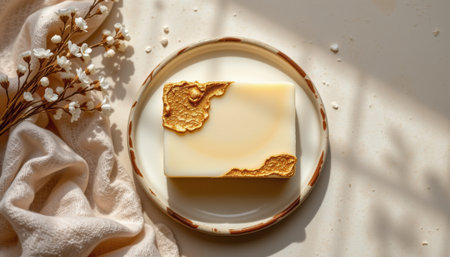 bold flat lay of handmade soap bar on a ceramic base, with ivory and gold colors, soft overhead lighting radiance, soothing textures, high resolutionの素材