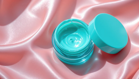 bold flat lay of cooling eye gel on a satin base, with icy aqua colors, bright natural lighting radiance, soothing textures, high resolutionの素材