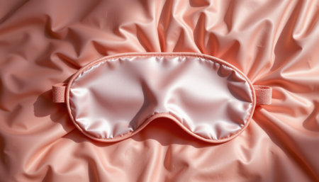 bold flat lay of silk sleep mask on a quilted base, with blush pink colors, soft shadow lighting radiance, soothing textures, high resolutionの素材