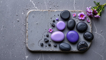 bold flat lay of aromatherapy stones on a concrete base, with charcoal and lavender colors, twilight glow lighting radiance, soothing textures, high resolutionの素材