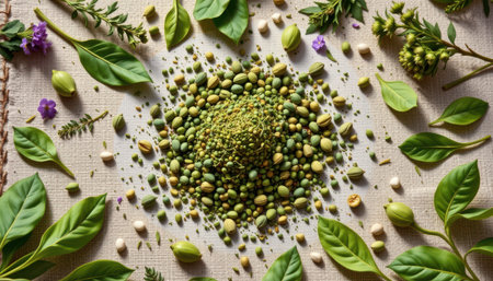 bold flat lay of herbal sachet on a linen weave base, with muted green colors, dappled lighting radiance, soothing textures, high resolutionの素材
