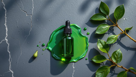 bold flat lay of calming tincture dropper on a smooth slate base, with forest green colors, shaded morning lighting radiance, soothing textures, high resolutionの素材