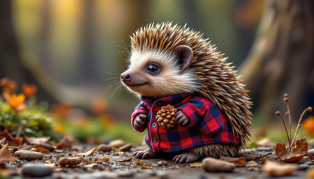 charming hedgehog wearing a flannel shirt, adorned with a pinecone brooch, in a woodland style, vibrant forest colors, detailed textures, side view composition, high resolutionの素材