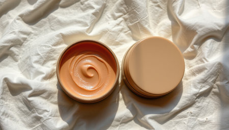 bold flat lay of skin balm tin on a cotton base, with terracotta and cream colors, moody side lighting radiance, soothing textures, high resolutionの素材