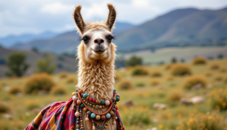 charming llama wearing a poncho, adorned with beaded necklaces, in a boho style, vibrant earthy colors, detailed textures, full body composition, high resolutionの素材