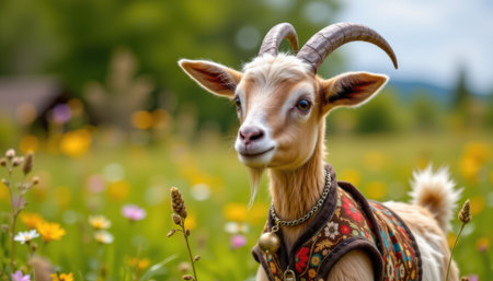 charming goat wearing a patterned vest, adorned with a bell necklace, in a pastoral style, vibrant meadow colors, detailed textures, natural pose composition, high resolutionの素材