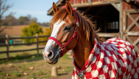 charming horse wearing a checkered coat, adorned with a ribbon mane, in a storybook style, vibrant barnyard colors, detailed textures, panoramic composition, high resolutionの素材