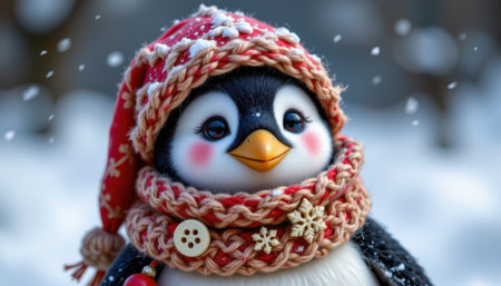 charming penguin wearing a wool scarf, adorned with snowflake buttons, in a cozy style, vibrant icy colors, detailed textures, vertical composition, high resolutionの素材