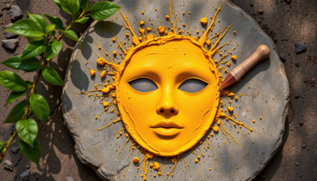 bold flat lay of turmeric face mask on a stone slab base, with saffron yellow colors, bright natural lighting radiance, soothing textures, high resolutionの素材