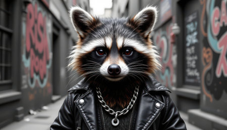 charming raccoon wearing a leather jacket, adorned with a silver chain, in a punk style, vibrant grayscale colors, detailed textures, urban background composition, high resolutionの素材