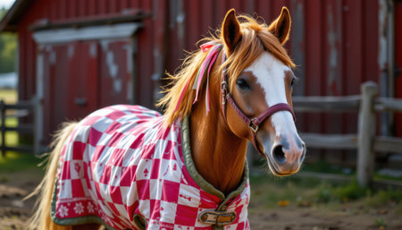 charming horse wearing a checkered coat, adorned with a ribbon mane, in a storybook style, vibrant barnyard colors, detailed textures, panoramic composition, high resolutionの素材