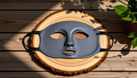 bold flat lay of detox mask on a reclaimed wood base, with charcoal gray colors, soft sunlight lighting radiance, soothing textures, high resolutionの素材