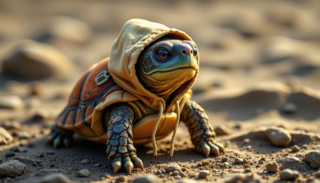 charming turtle wearing a hoodie, adorned with a shell decal, in a streetwear style, vibrant oceanic colors, detailed textures, grounded composition, high resolutionの素材