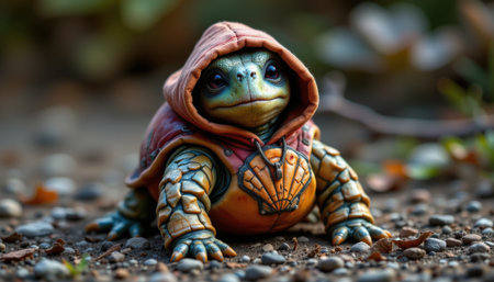 charming turtle wearing a hoodie, adorned with a shell decal, in a streetwear style, vibrant oceanic colors, detailed textures, grounded composition, high resolutionの素材