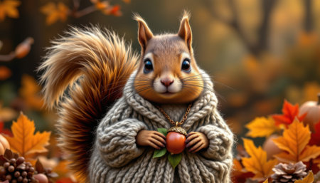 charming squirrel wearing a knitted cardigan, adorned with an acorn pendant, in a whimsical style, vibrant harvest colors, detailed textures, elevated view composition, high resolutionの素材