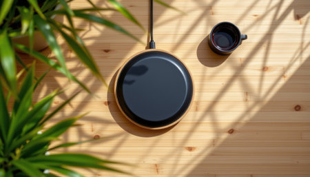 stylish flat lay of magnetic charger on a bamboo surface, with pale tones, soft ray lighting softness, modern props, high resolutionの素材