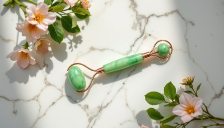 bold flat lay of jade facial roller on a marble base, with pastel green colors, soft morning lighting radiance, soothing textures, high resolutionの素材