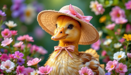 charming duck wearing a sunhat, adorned with a ribbon, in a garden party style, vibrant floral colors, detailed textures, centered composition, high resolutionの素材