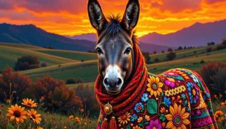 charming donkey wearing a shawl, adorned with patchwork embroidery, in a folk art style, vibrant sunset colors, detailed textures, rustic composition, high resolutionの素材