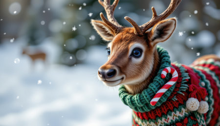 charming reindeer wearing a knit jumper, adorned with a candy cane pin, in a festive style, vibrant holiday colors, detailed textures, winter scene composition, high resolutionの素材