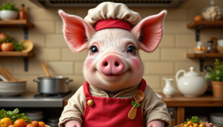 charming pig wearing a chef's apron, adorned with a spoon pin, in a kitchen style, vibrant savory colors, detailed textures, overhead composition, high resolutionの素材