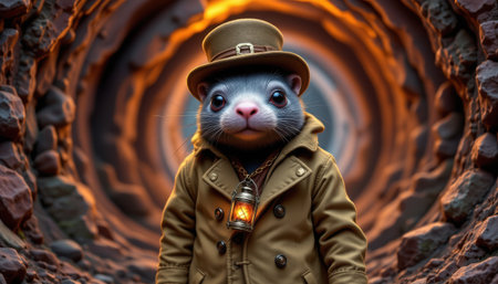 charming mole wearing a trench coat, adorned with a lantern necklace, in a steampunk style, vibrant underground tones, detailed textures, tunnel composition, high resolutionの素材