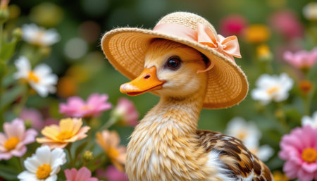 charming duck wearing a sunhat, adorned with a ribbon, in a garden party style, vibrant floral colors, detailed textures, centered composition, high resolutionの素材