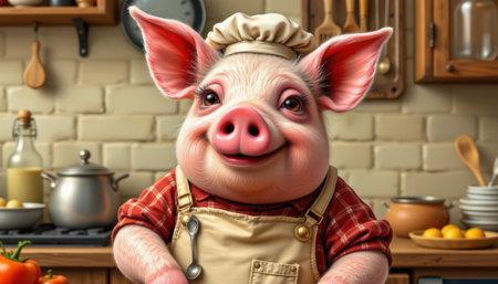 charming pig wearing a chef's apron, adorned with a spoon pin, in a kitchen style, vibrant savory colors, detailed textures, overhead composition, high resolutionの素材
