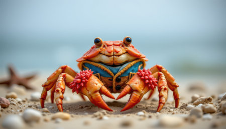 charming crab wearing a vest, adorned with coral cuffs, in a beachcomber style, vibrant seaside colors, detailed textures, low angle composition, high resolutionの素材